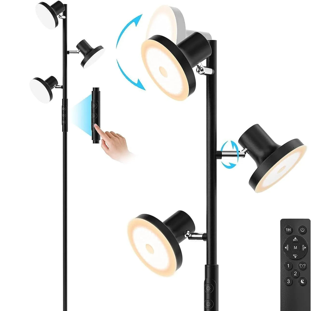 Black adjustable floor lamp with rotatable head and remote control in a living room