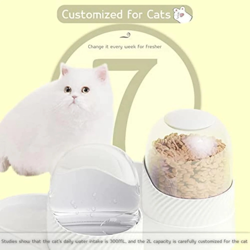 White automatic cat feeder and water dispenser set with wave-shaped design.
