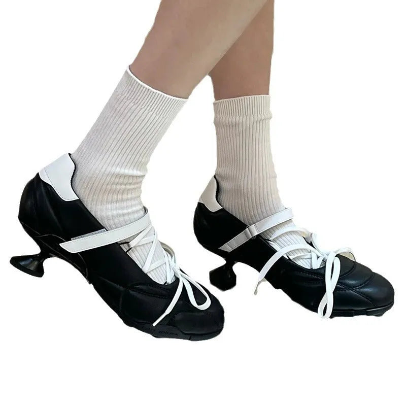 Women's creative lace-up bow sports shoes in microfiber with mid-heel and decorative stitching detail