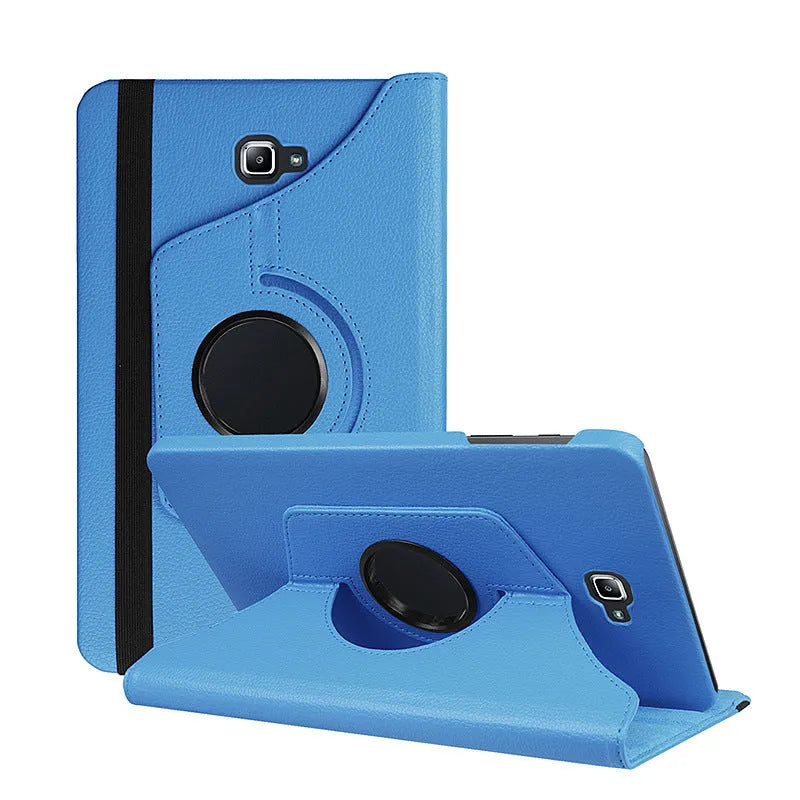 Rotating leather case for T-series tablet showing multiple viewing angles and colour options