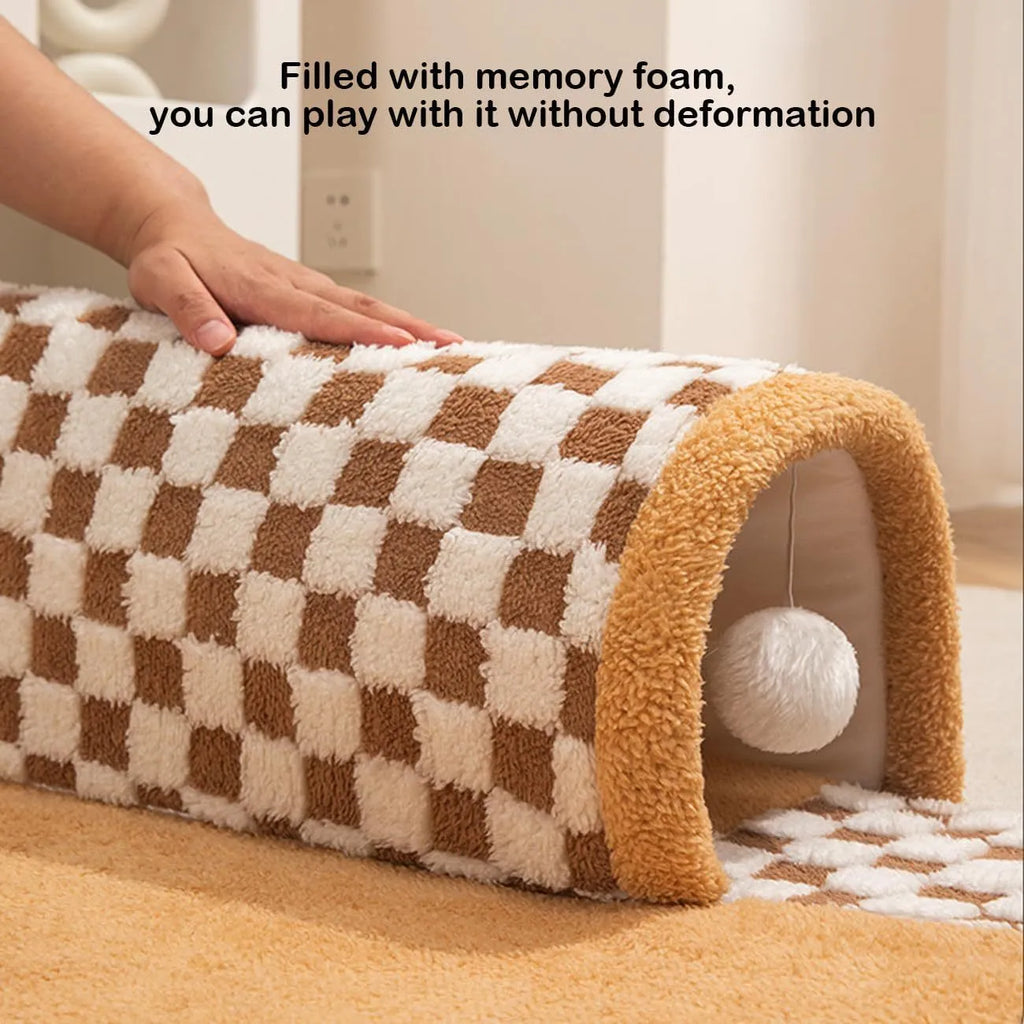 XL fan-shaped plush pet bed with tunnel design in coffee colour for dogs and cats