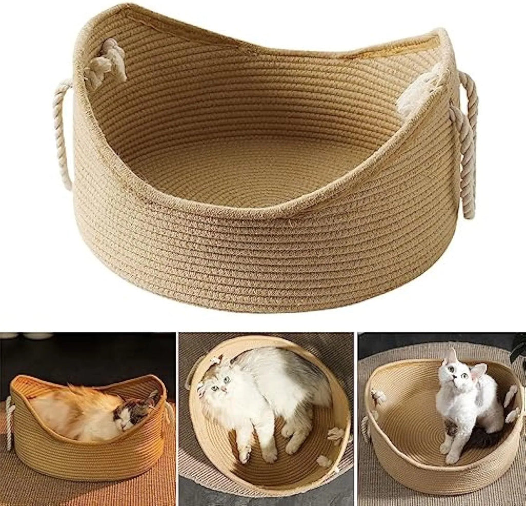 Woven wicker cat basket bed with integrated corrugated scratching surface showing two size options