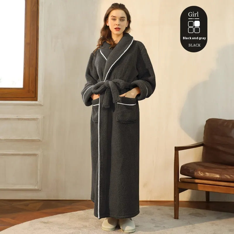 Men's and women's thick flannel bathrobe couple set in winter colours with extended plus sizing
