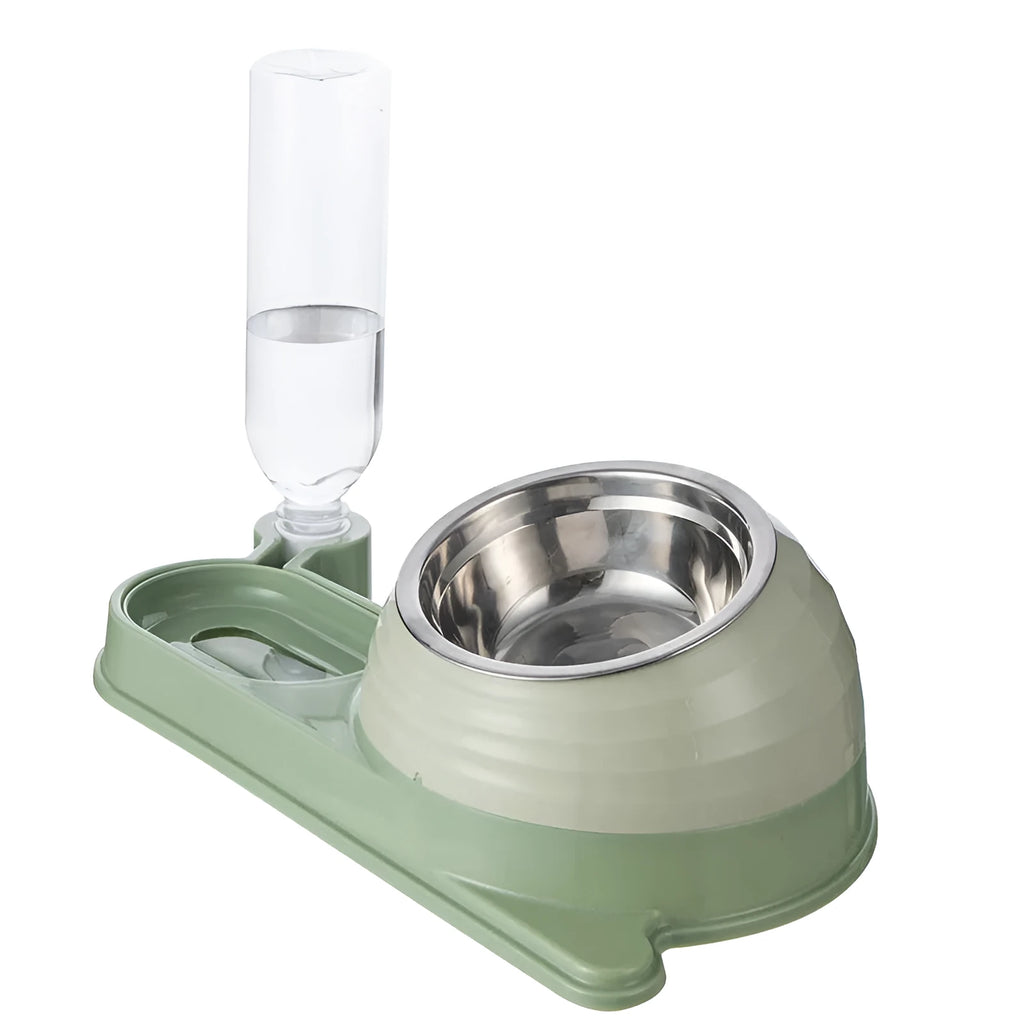 Elevated cat food bowl with water dispenser bottle in green colour