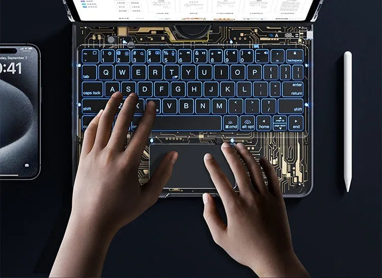 360 swivel keyboard clear case for iPad with transparent backplate and telescopic pen slot