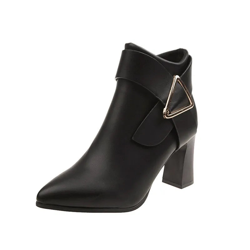 Women's Martin boots in beige with chunky 8cm heel and side belt buckle detail, faux leather upper