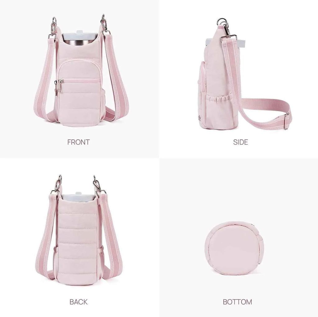 Cloth bicycle water bottle bag in black, pink and beige colours for kettle or bottle storage