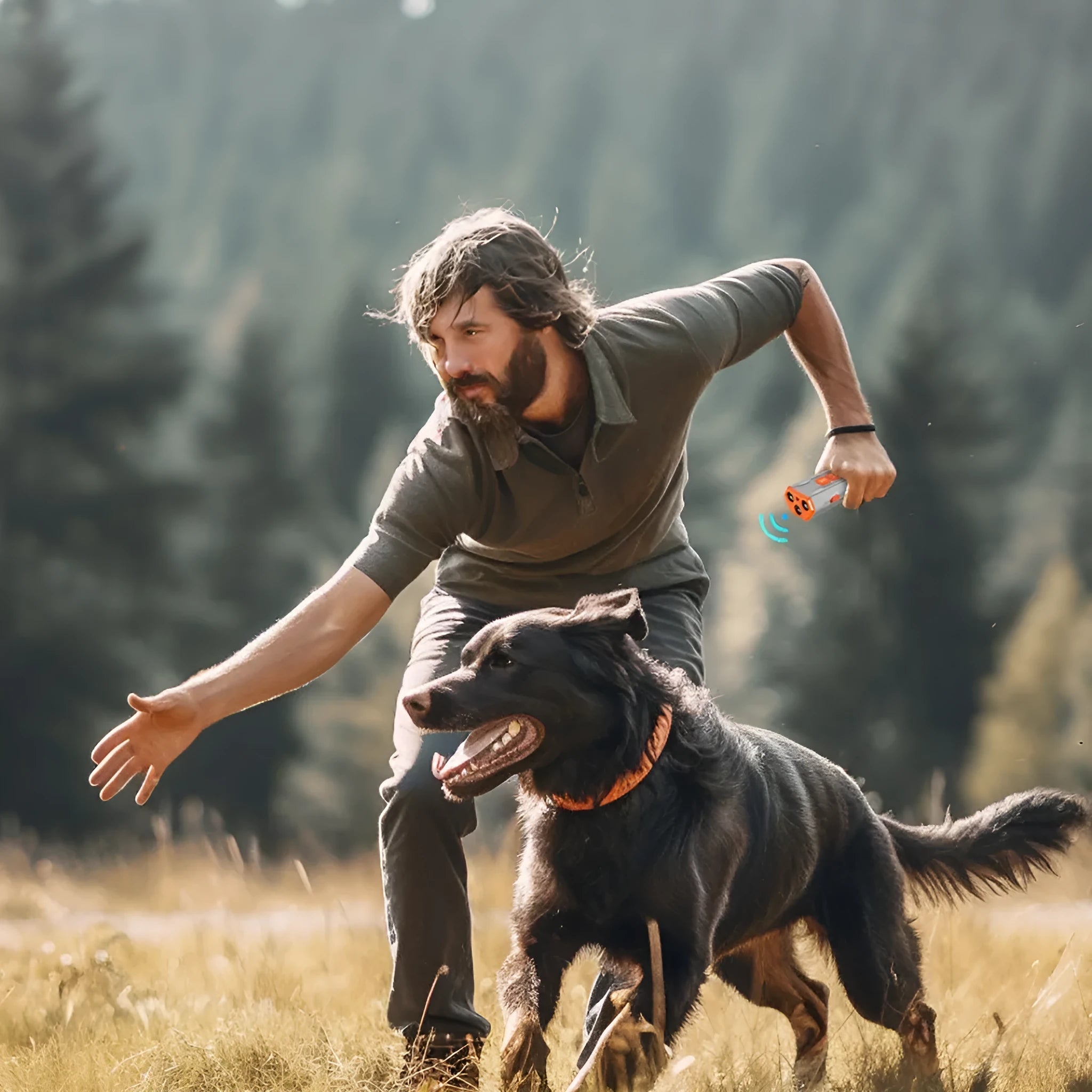 Handheld three-head ultrasonic dog trainer in black and orange colour scheme