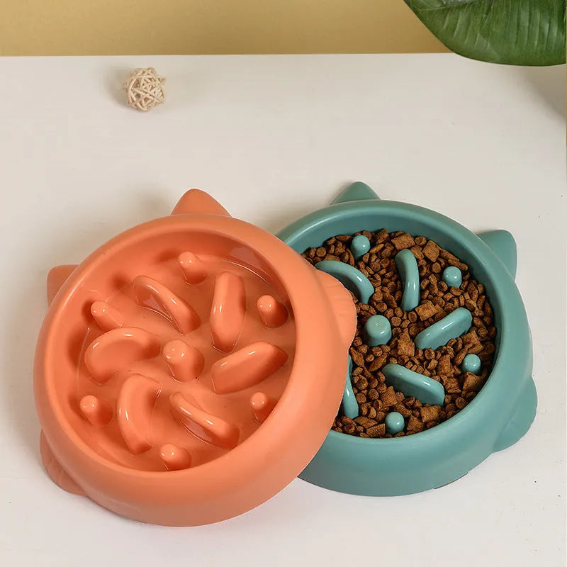 Green pet slow feeder bowl with bone-shaped ridges inside to slow down eating