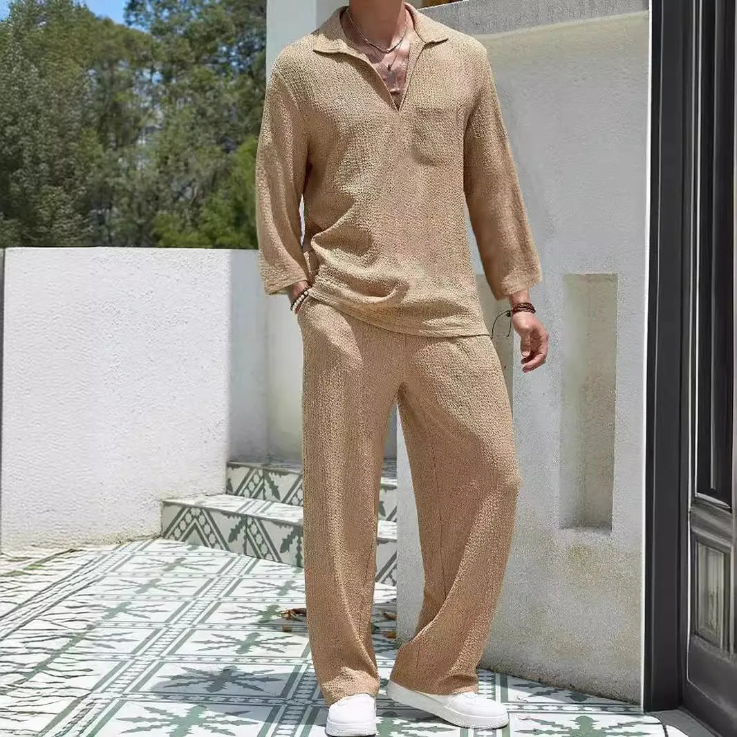 Men's casual polyester shirt and trousers set in lake blue, shown as a co-ordinated autumn leisure outfit.