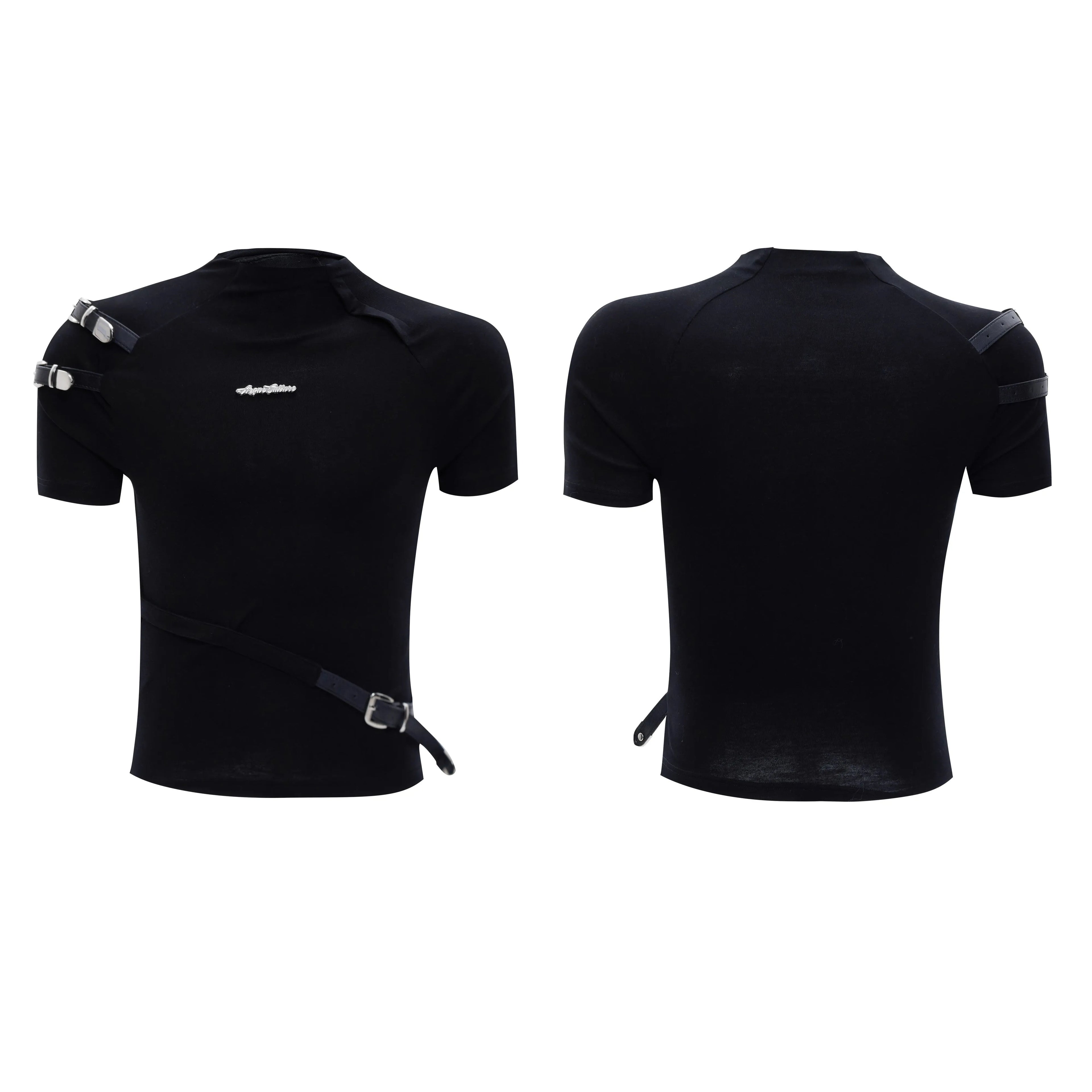 Men's slim fit T-shirt with metal belt design and stand-up collar in cotton