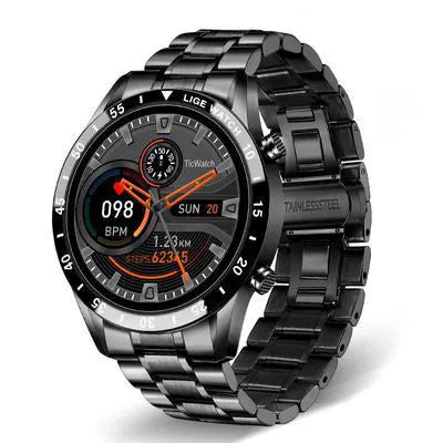 Smart watch with stainless steel band showing 1.3-inch screen display on a wrist.
