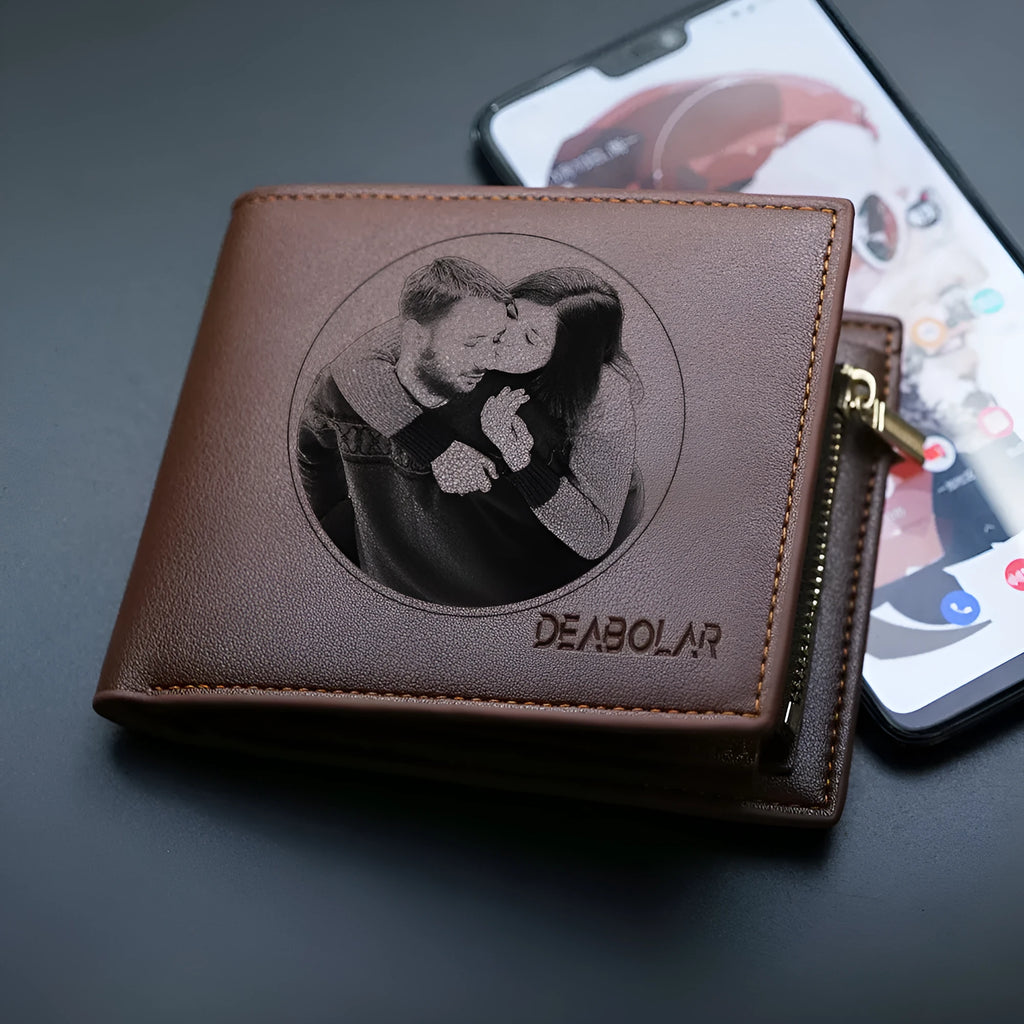Brown leather men's wallet with a silver zip closure.