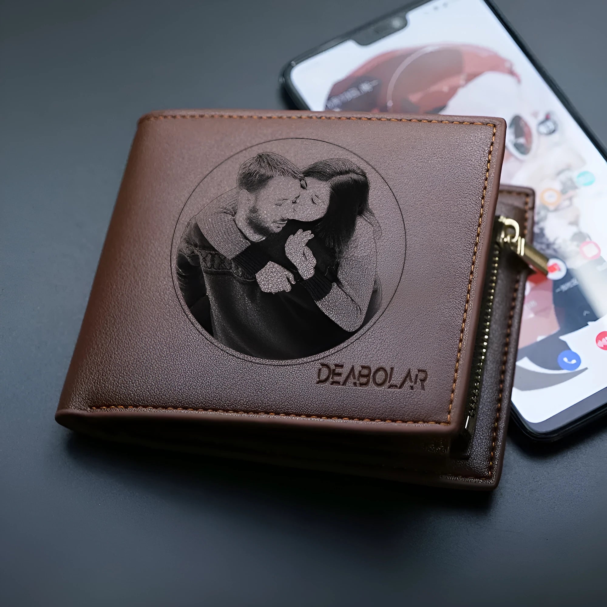 Brown leather men's wallet with a silver zip closure.