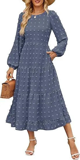 Women's solid colour long sleeve dress with ruffled sleeves and high waist in autumn colours