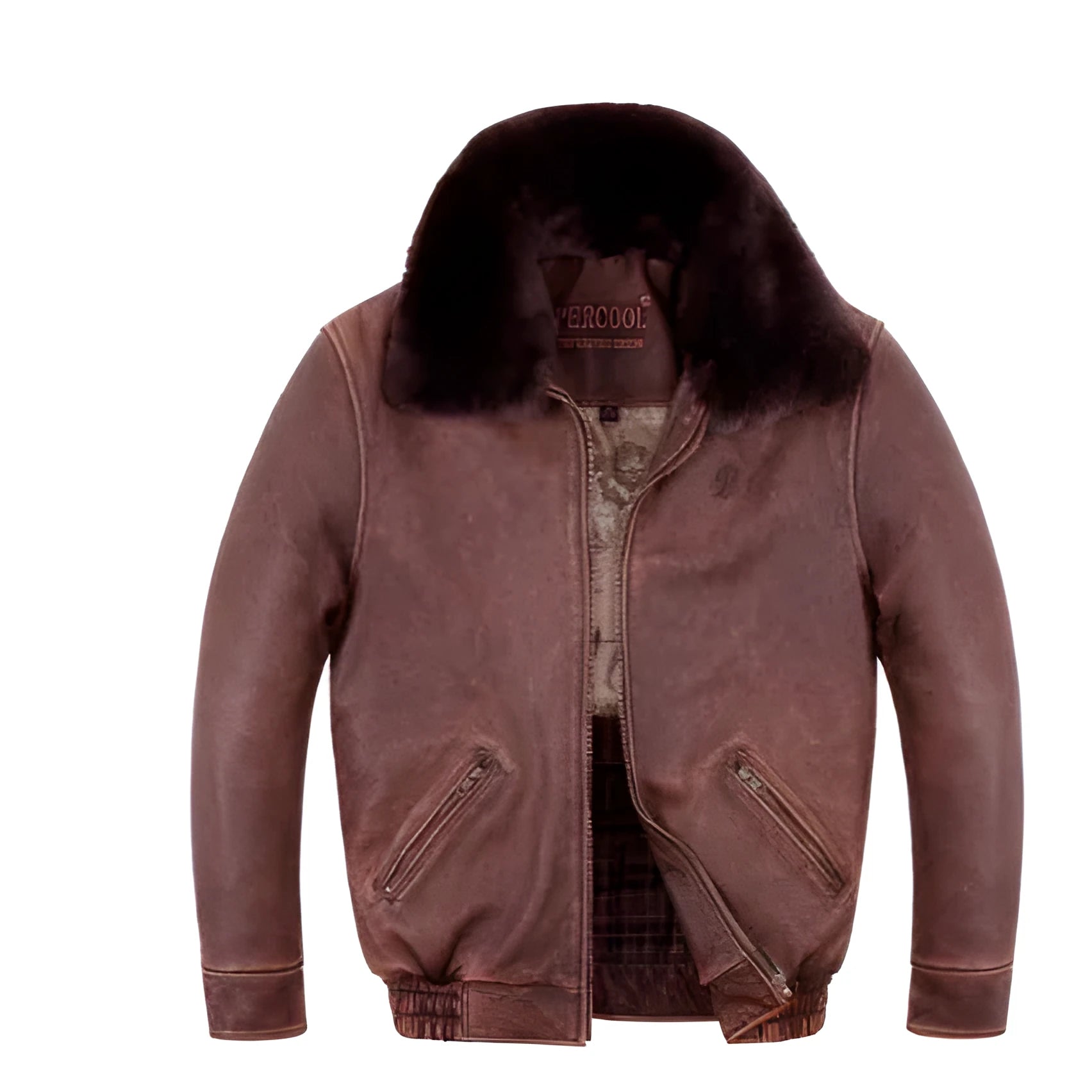 American style men's casual flight suit genuine leather jacket in old brown, loose fit, ribbed hem