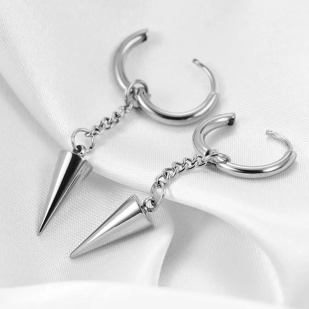 Fashion stainless steel quadrihedron pendant earrings, geometric cone shape, gold electroplated finish, for women