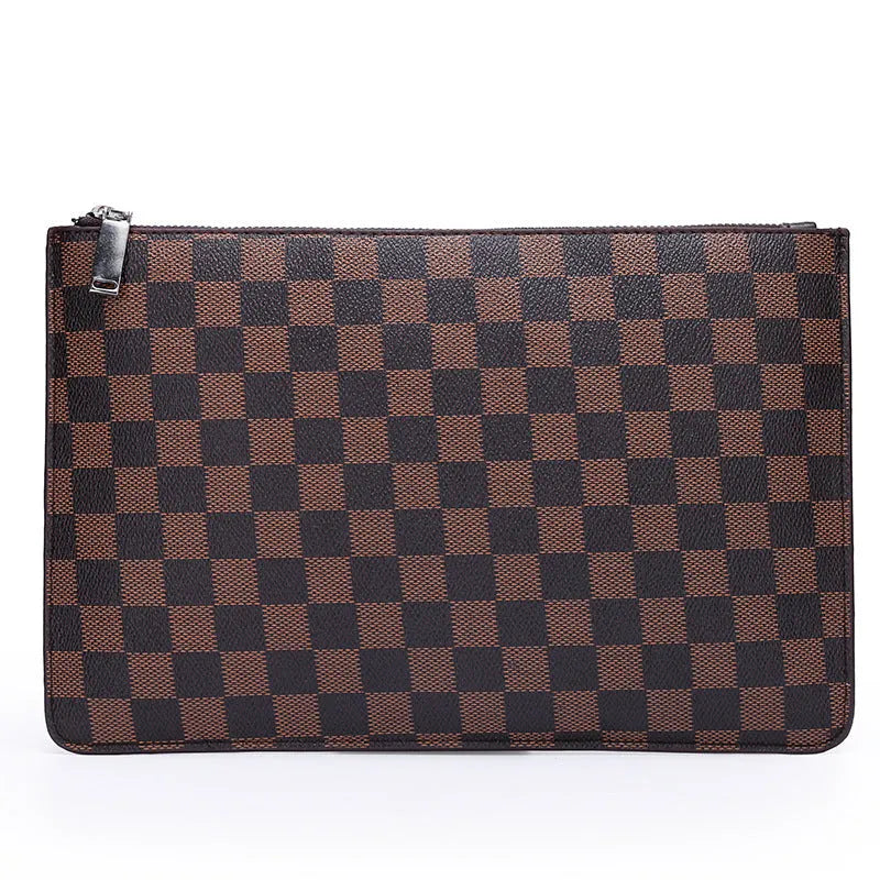 Men's soft PU leather clutch showing card slots, bill compartments, and zipper pocket