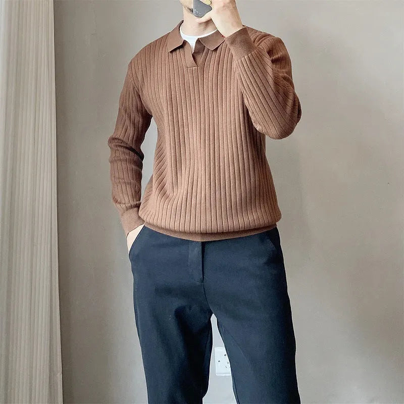 Men's grey striped knitted sweater with a lapel collar, shown in a loose fit.