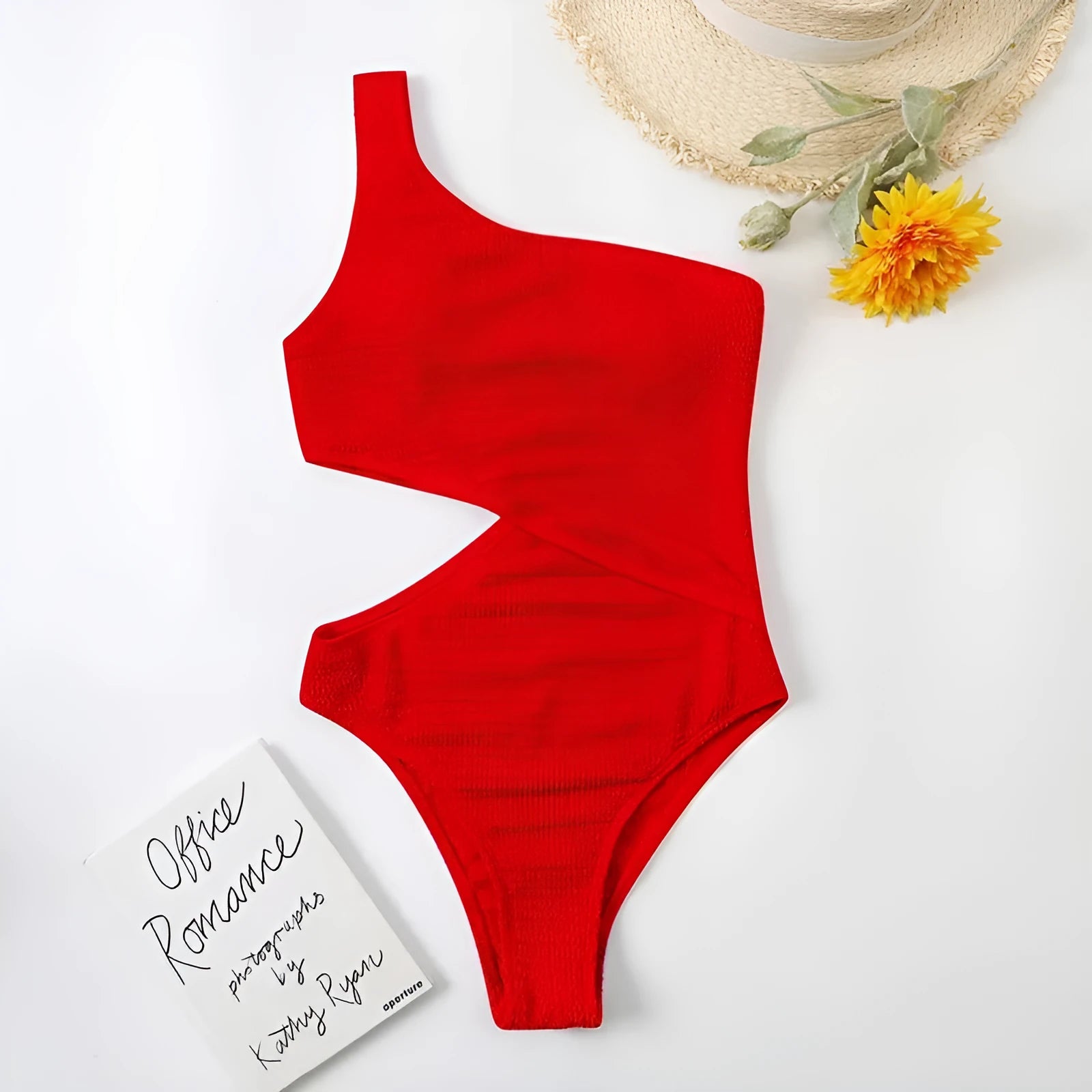 Plain solid colour one shoulder one piece swimsuit for women polyester fabric swimming wading beachwear