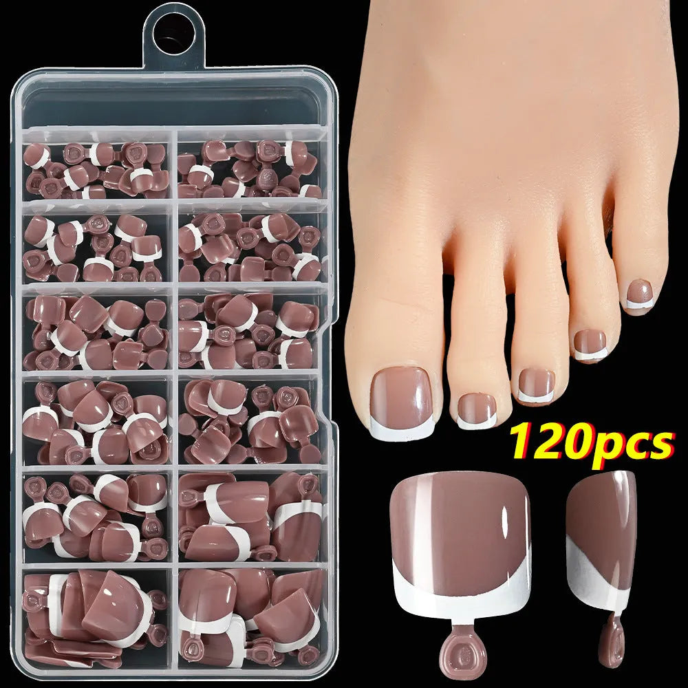 120-piece box of French white edge nude full square short artificial toenails in nine shades