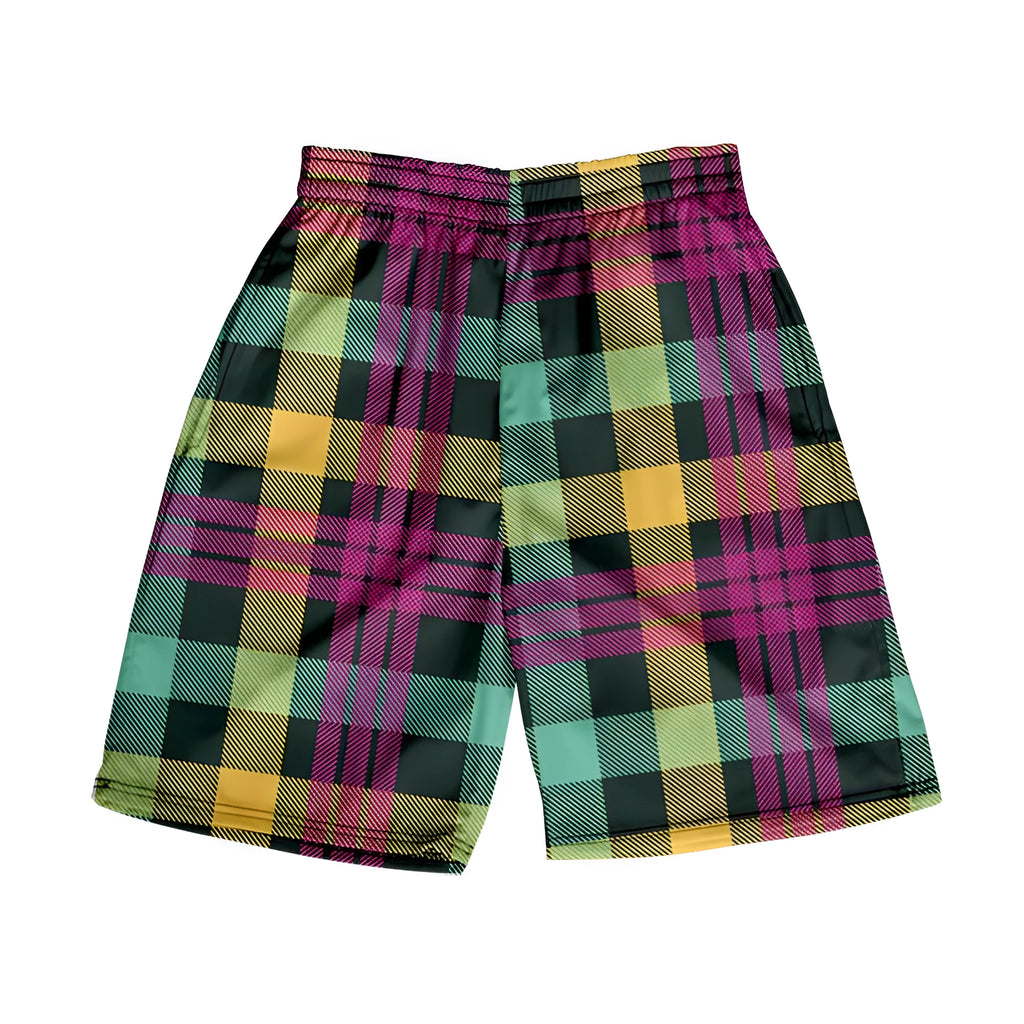 Men's polyester plaid shorts with elastic waistband in straight-leg casual style