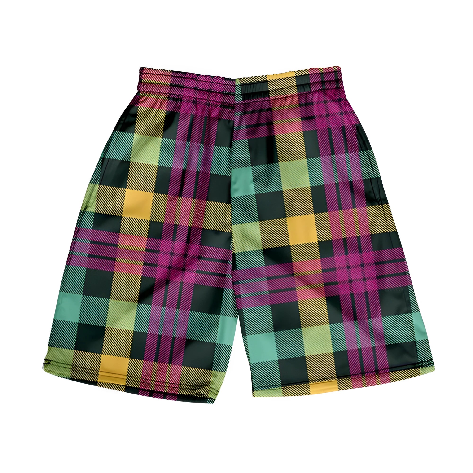 Men's polyester plaid shorts with elastic waistband in straight-leg casual style