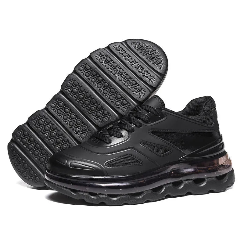 Men's full palm air cushion sports daddy shoes in black with PU upper and mesh panel