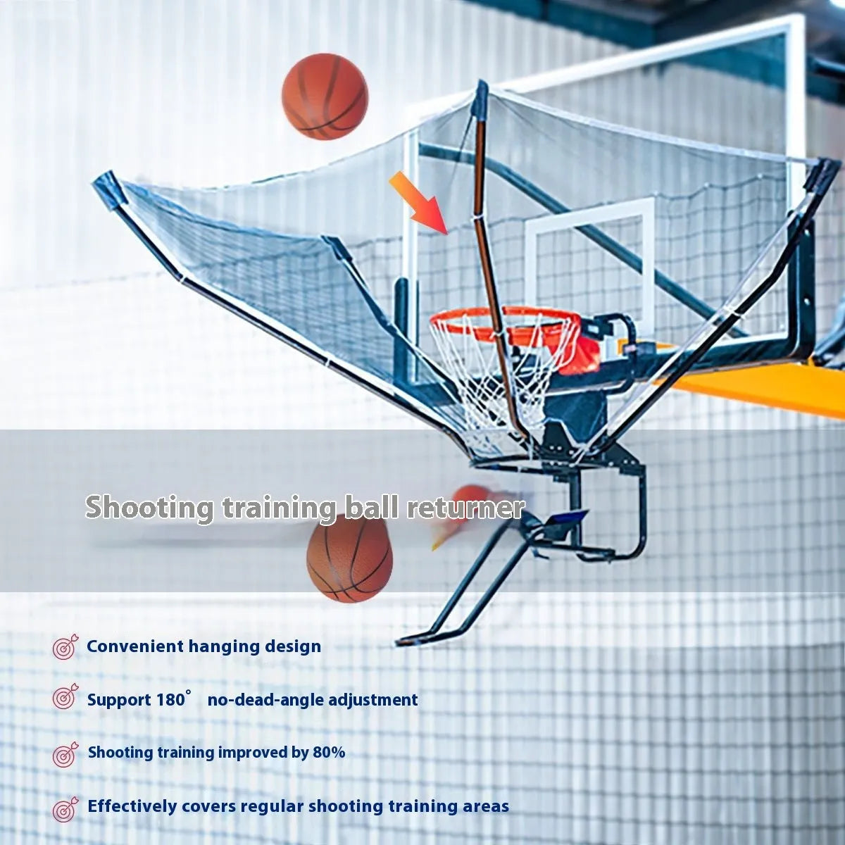 Second generation basketball training ball return with automatic pitching serve, hanging from a hoop.