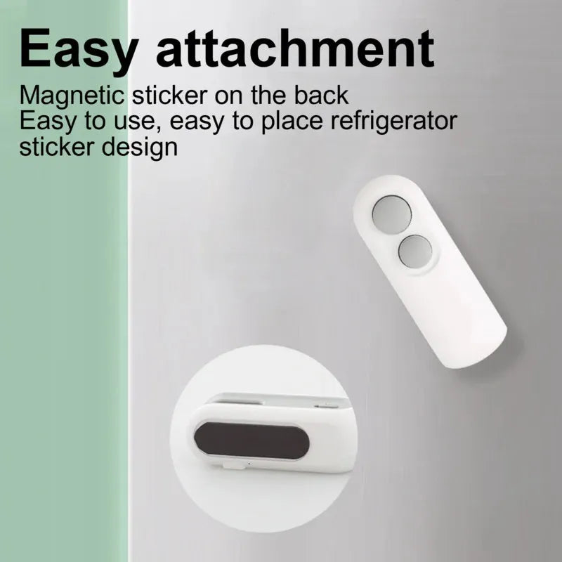 White and blue handheld USB rechargeable heat sealer for sealing food bags with magnetic back.