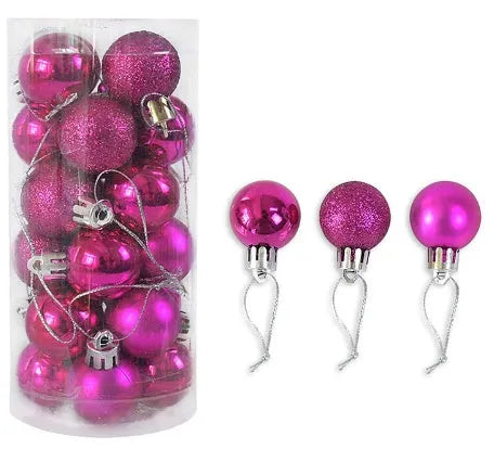 Assorted 3cm shiny gold, red, and silver Christmas ball ornaments spilling from a tall storage barrel.