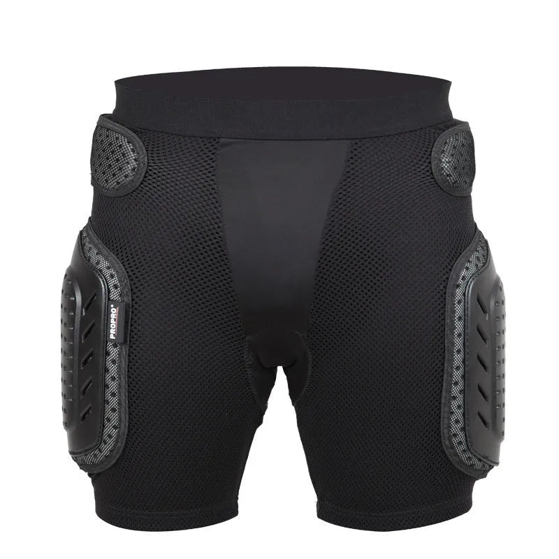 Black cycling protective pants with a removable hip pad for sports safety.