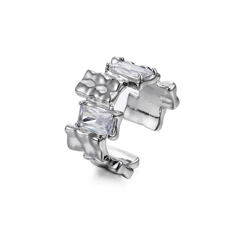 Silver-plated geometric open ring with cross zircon centrepiece and three-dimensional decoration