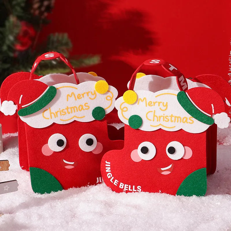 Christmas felt gift bag in green with cartoon design, reusable small gift packaging