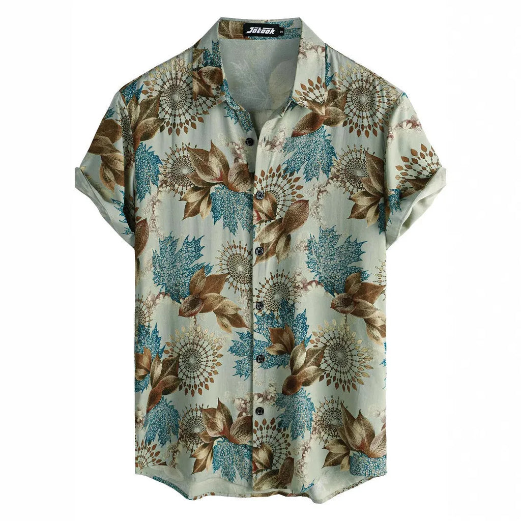 Man wearing a short sleeve floral Hawaiian shirt with lapel collar, made from elastic polyester fabric.