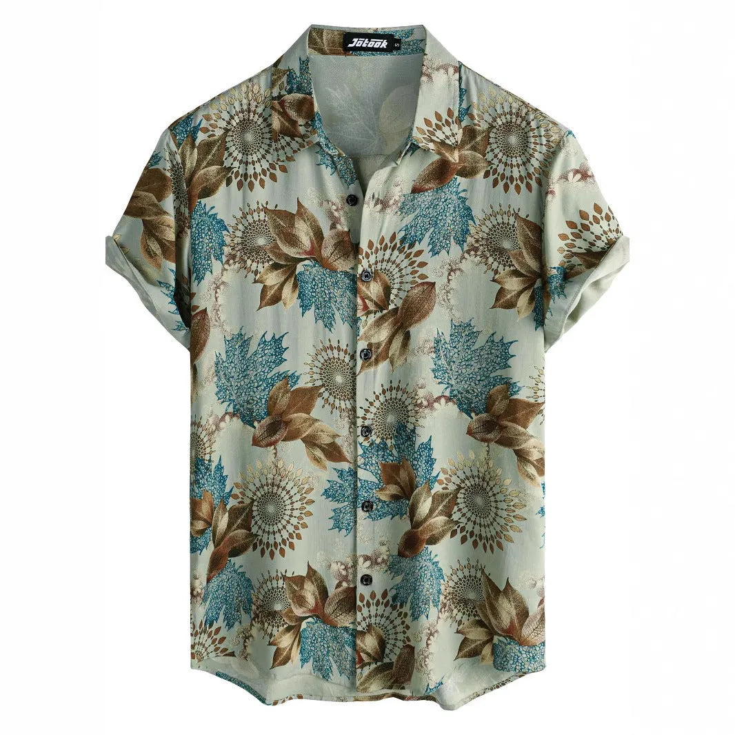 Man wearing a short sleeve floral Hawaiian shirt with lapel collar, made from elastic polyester fabric.