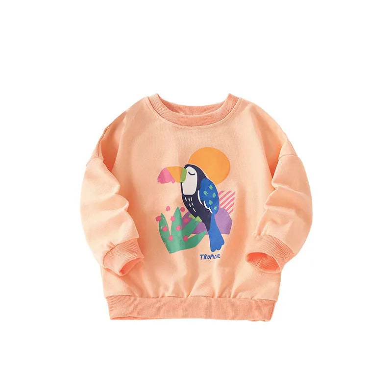 Girls' 100 cotton sweater coat with cartoon print, pullover style, cotton lining, suitable for height 90-140cm