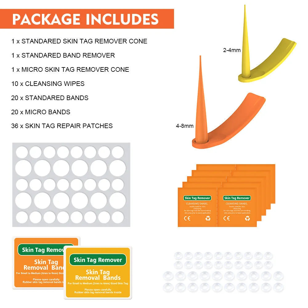 Orange yellow wart removal tool kit with cones, rubber rings, alcohol swabs and instruction manual