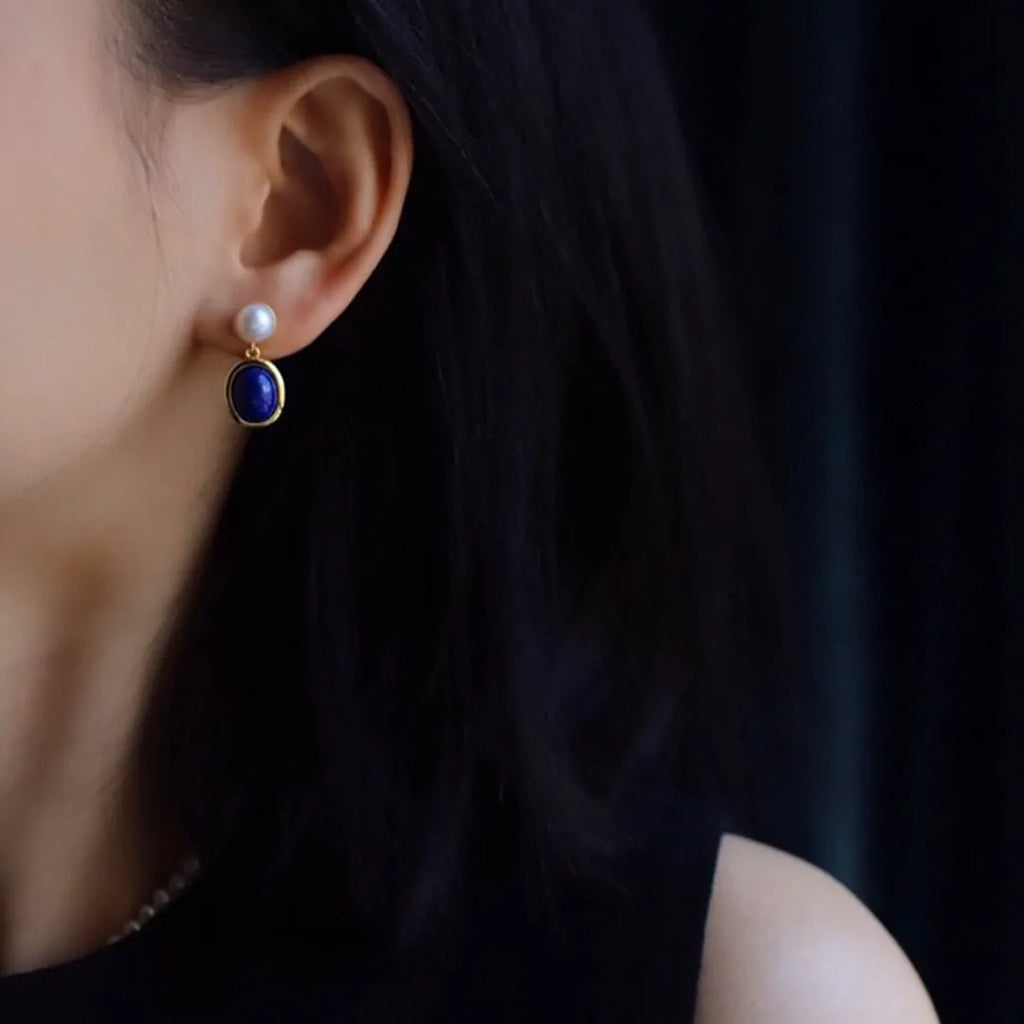 Natural lapis lazuli pearl earrings crafted from 925 sterling silver with auspicious pattern details