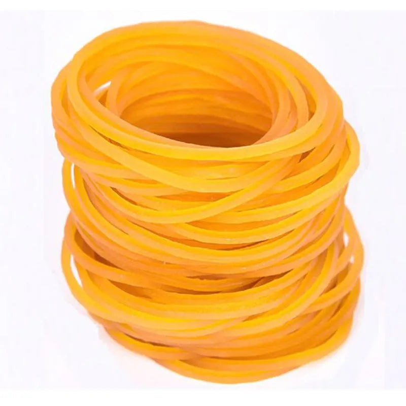 Bulk pack of yellow rubber bands in various sizes including 16mm, 25mm, and 50mm diameters on white background