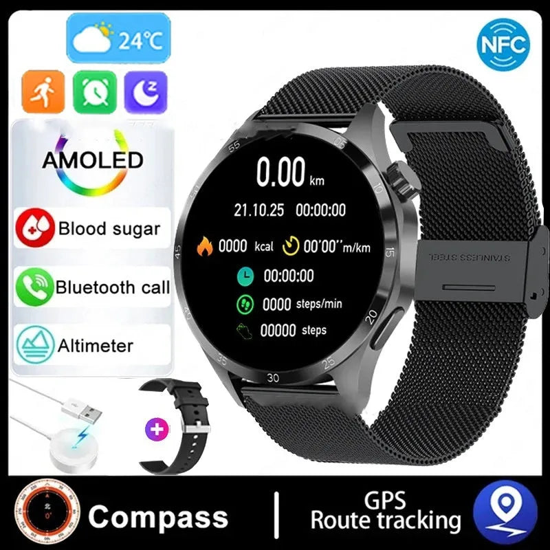 Black smartwatch with Bluetooth calling and health monitoring functions on silicone or Milan mesh strap