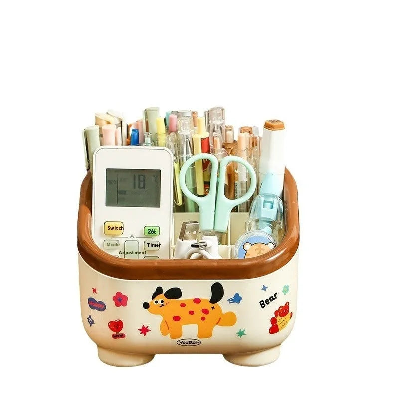 Cartoon-style red and brown plastic desktop storage organiser with 2L capacity and organisation stickers.