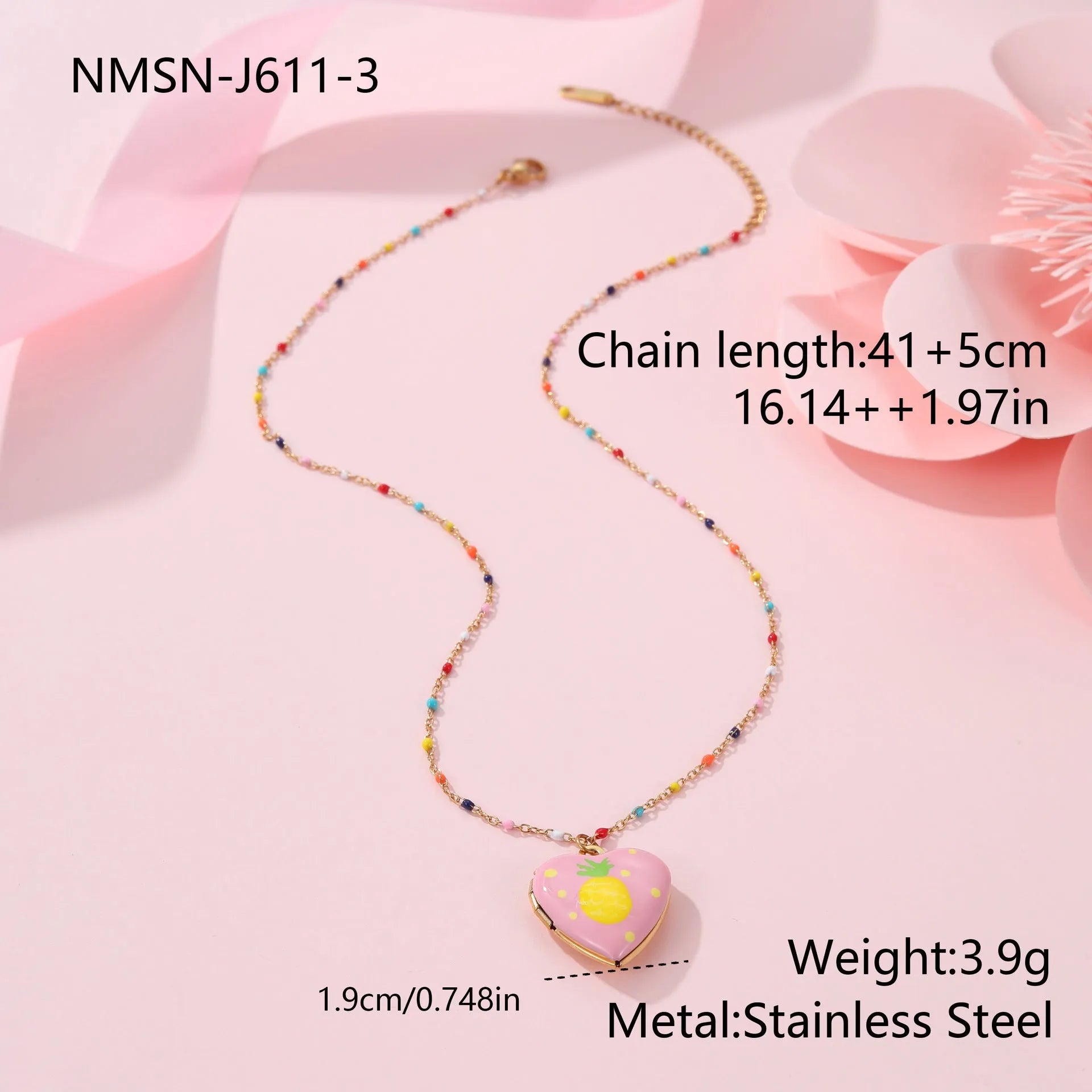 Gold-plated stainless steel necklace with heart-shaped fruit pendant on an adjustable chain.