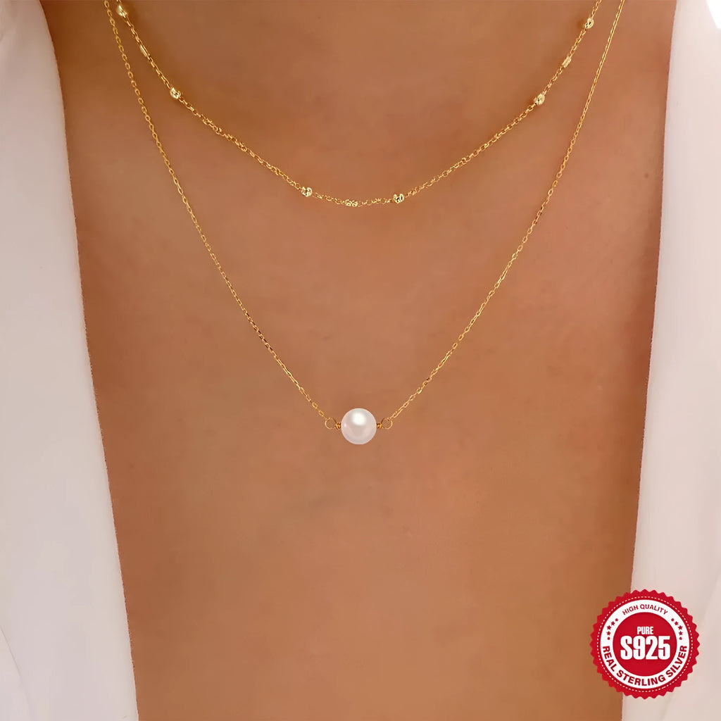 S925 sterling silver double layer necklace with twin geometric pearls in gold or white gold colour options