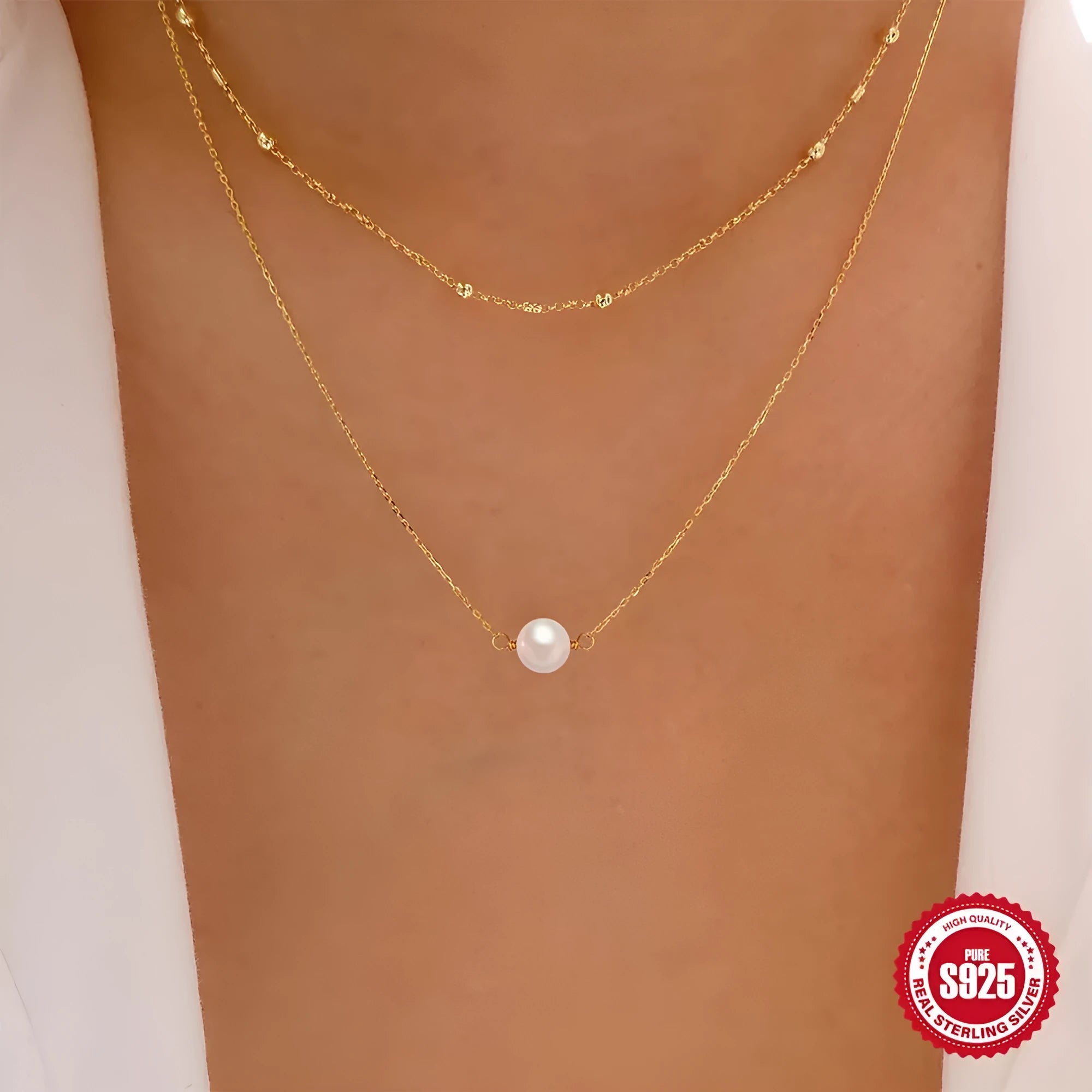 S925 sterling silver double layer necklace with twin geometric pearls in gold or white gold colour options