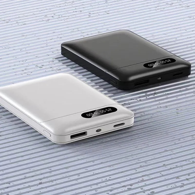 Black and white portable power bank with multi-USB ports showing 10000mAh capacity label