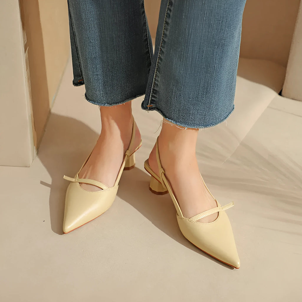 Women's chunky heel pointed sandals in beige with stitching detail and rubber sole