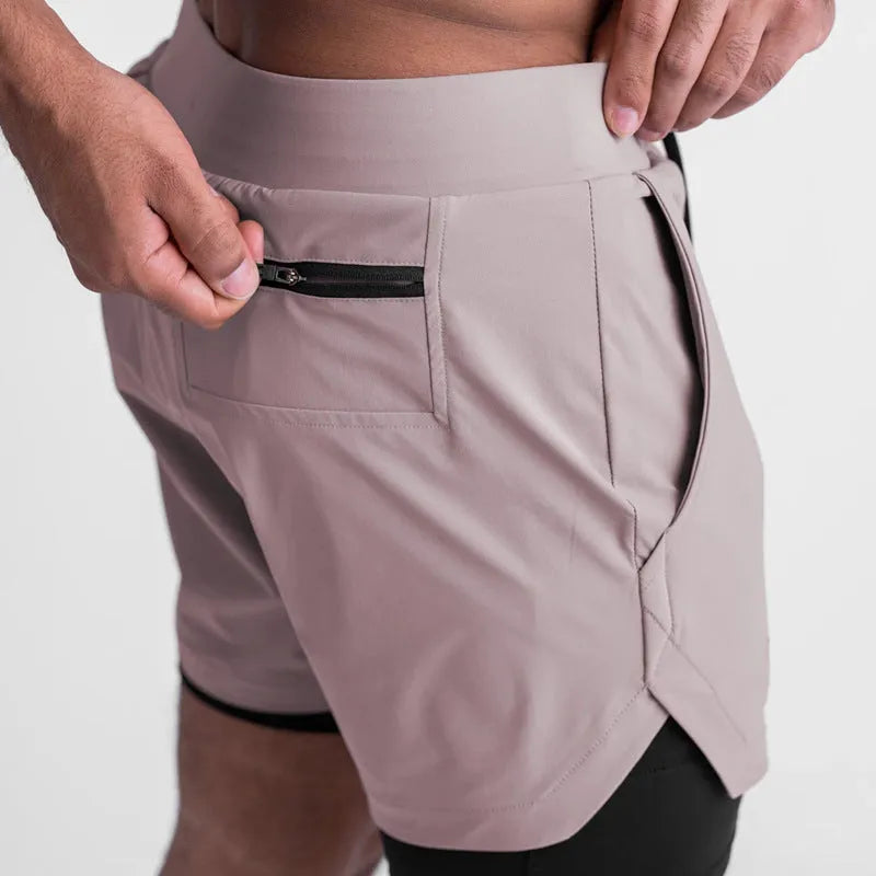 Sports casual quick-drying double-layer two-in-one running shorts with liner, polyester, beige colour, men's size M