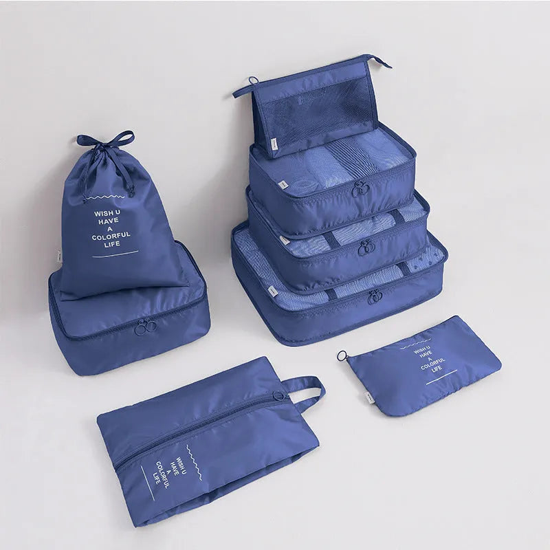 Eight-piece cube polyester storage bag set for travel with seal closure, available in multiple colours