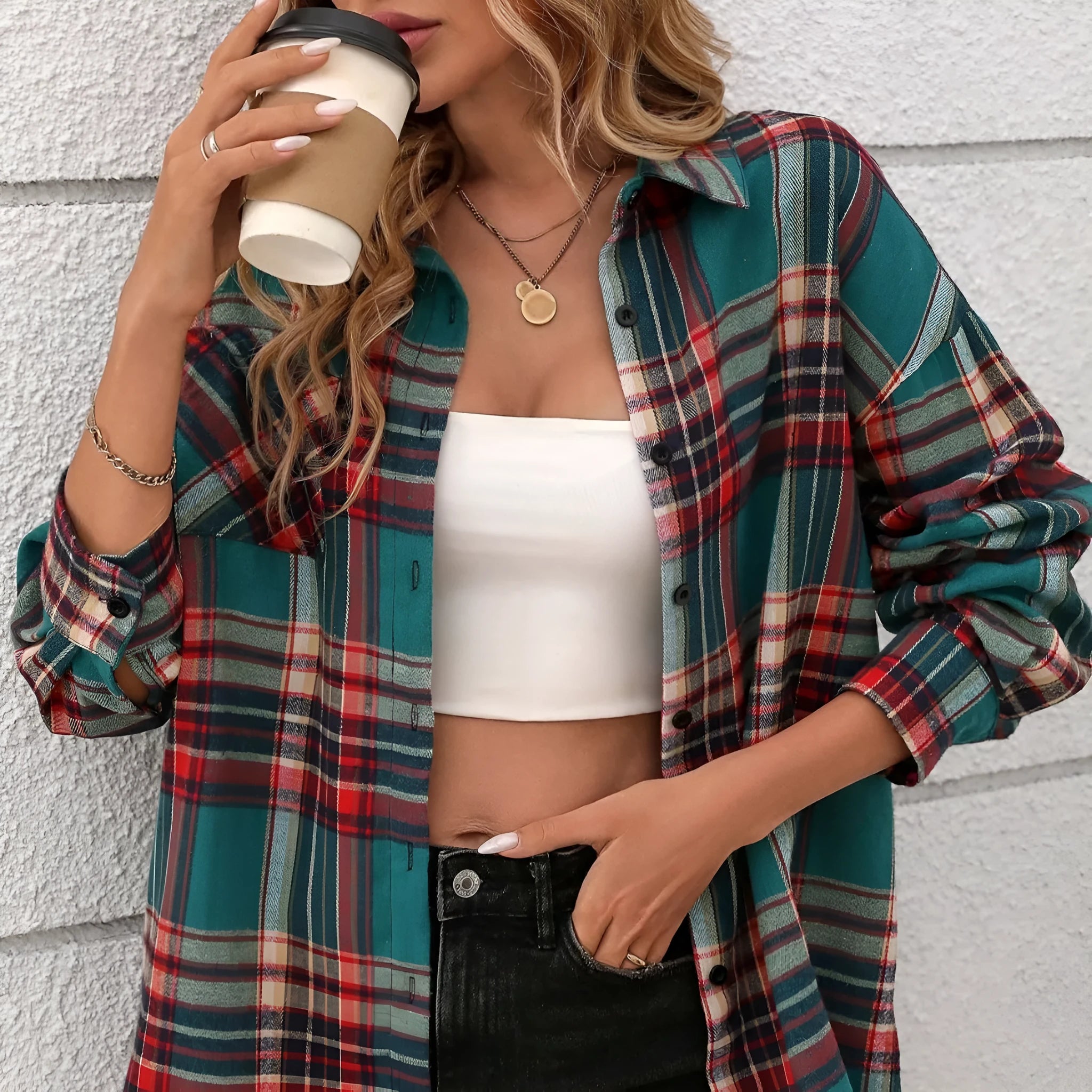 Women's loose-fit retro plaid cotton shirt in black, shown on a hanger